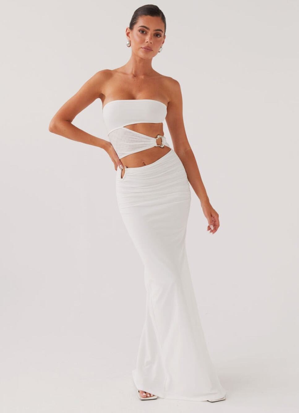 Pepper Mayo | White/Silver Preppy Summer Vacation Into Pieces Mesh Maxi Dress